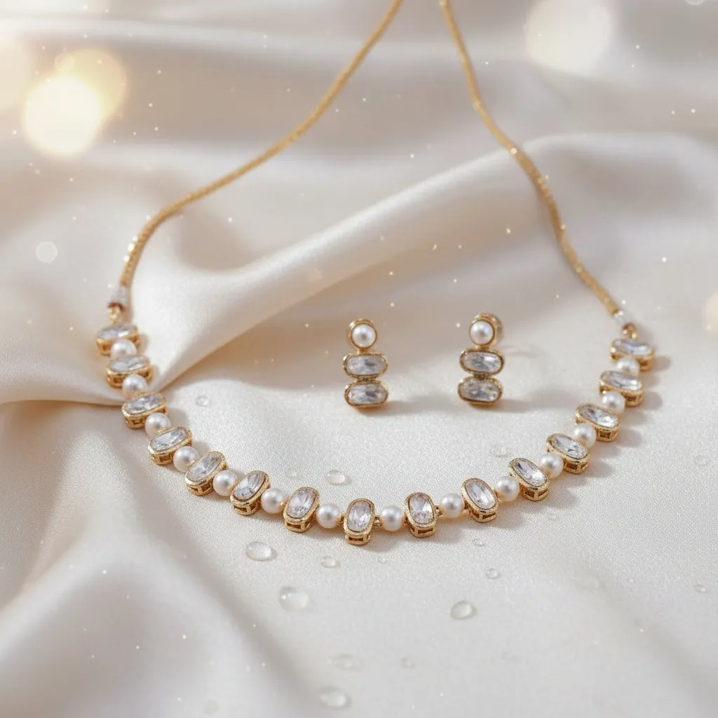 Luna Pearl Crystal Necklace Set with Drop Stud Earrings