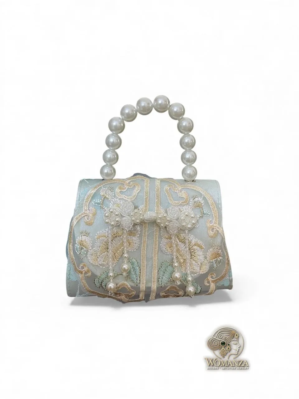 Pearl Handle Mint Embroidered Party Handbag for Girls