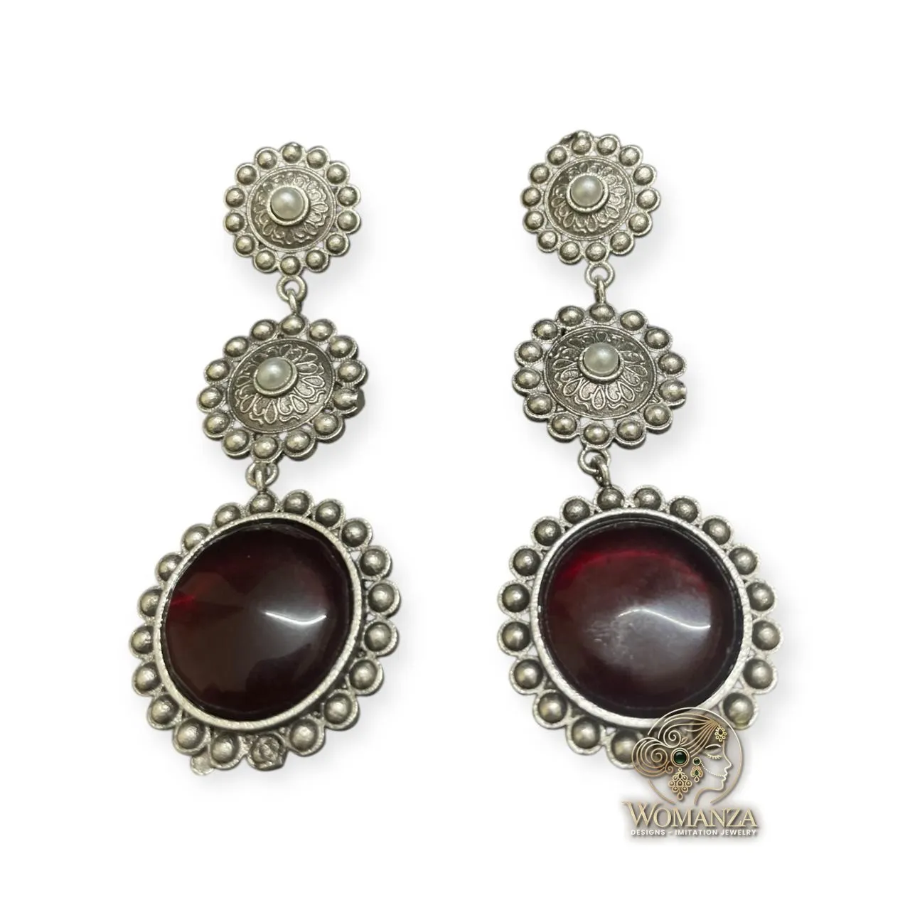 Aarvika Floral Garnet Drop Earrings in Oxidised Silver