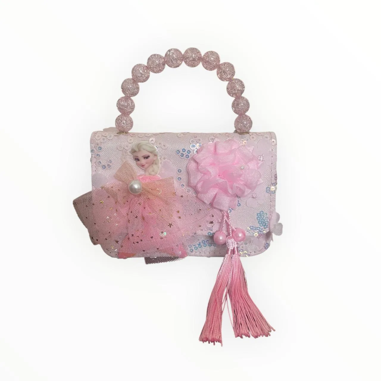 Princess Pink Beaded Handle Handbag for Girls with Bow & Tassel