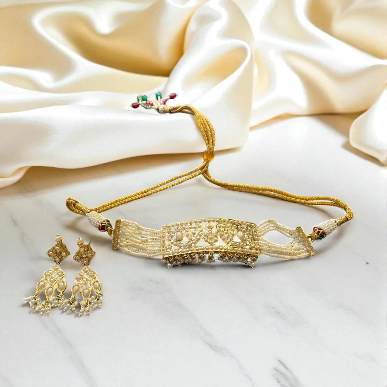 Royal Pearl & Kundan Choker Set with Chandelier-Style Earrings