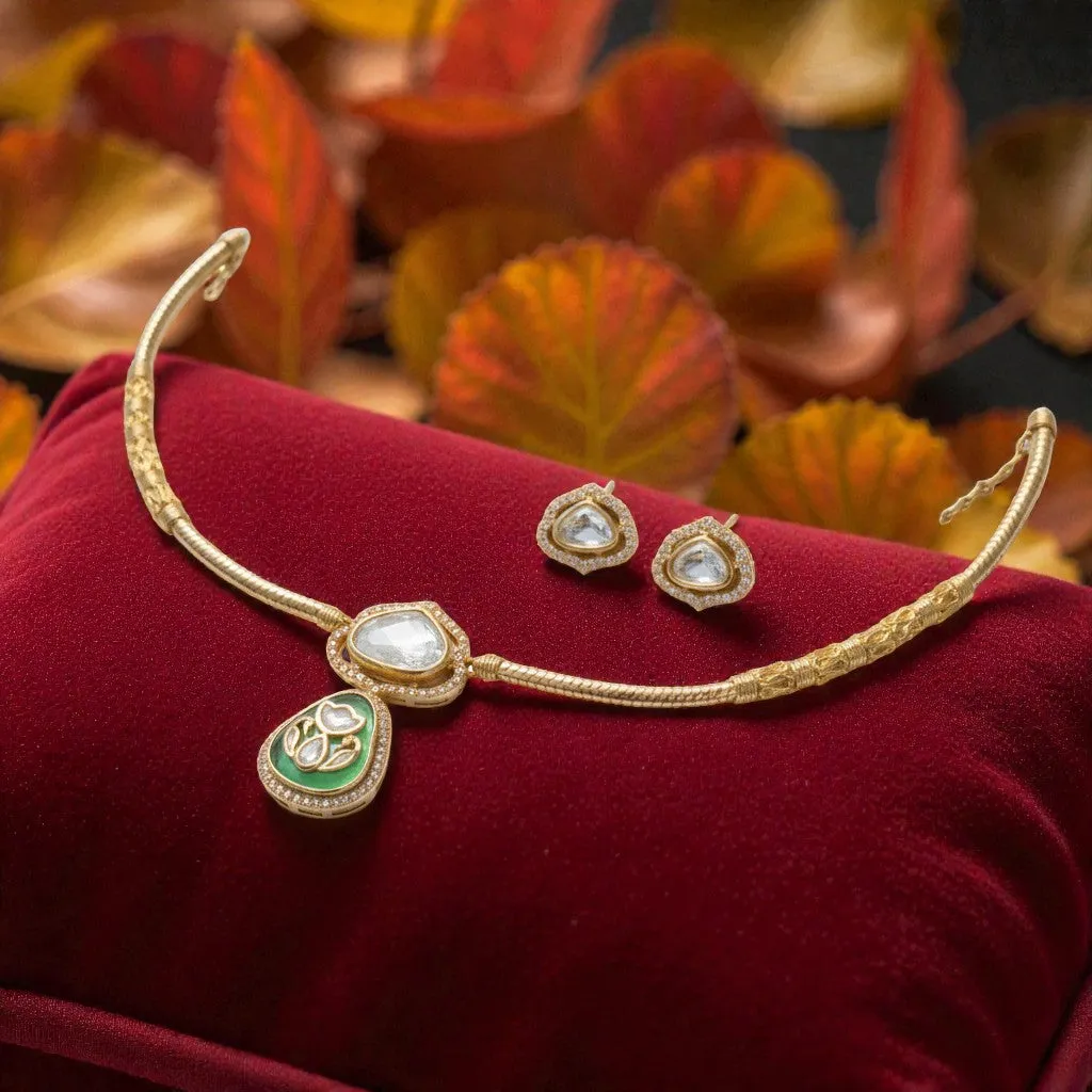 Noor-e-Gul Kundan Choker Necklace Set with Green Enamel Drop