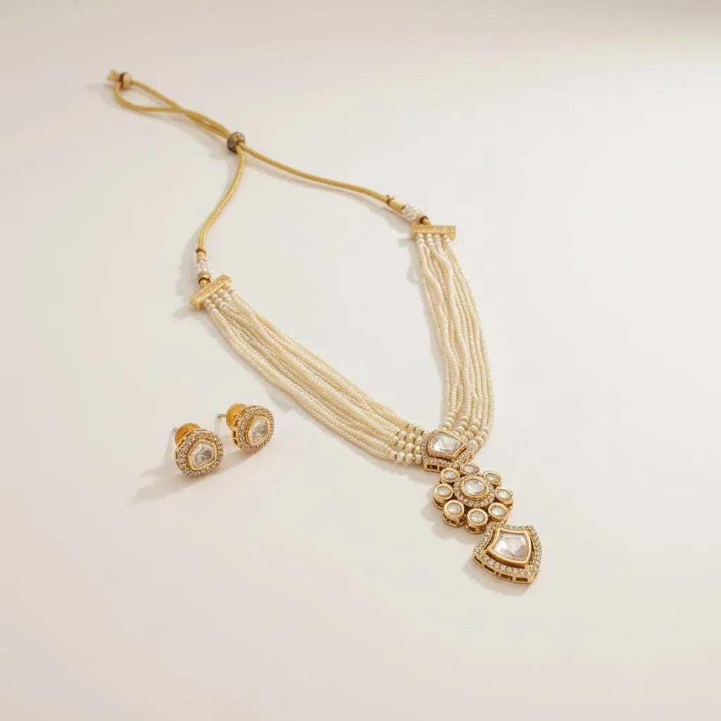Elegant Multi-Layer Pearl Kundan Necklace Set with Earrings