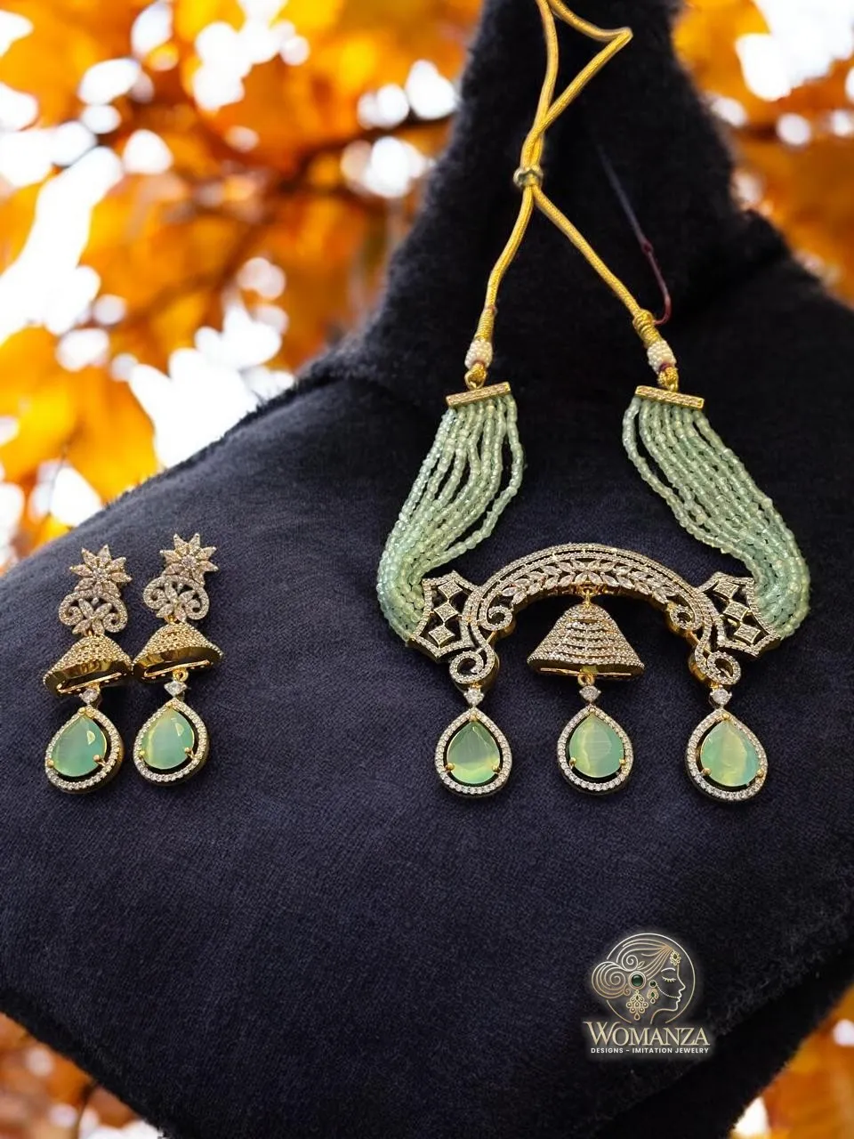 Mint Green Beaded Bell Drop Choker Necklace Set