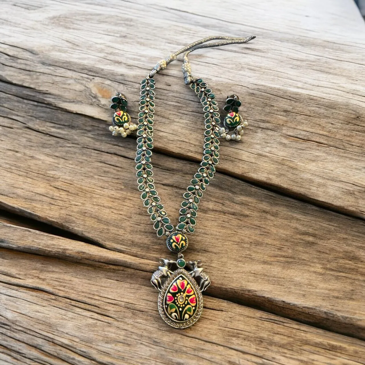 Green Enamel Elephant Motif Oxidised Necklace Set with Earrings