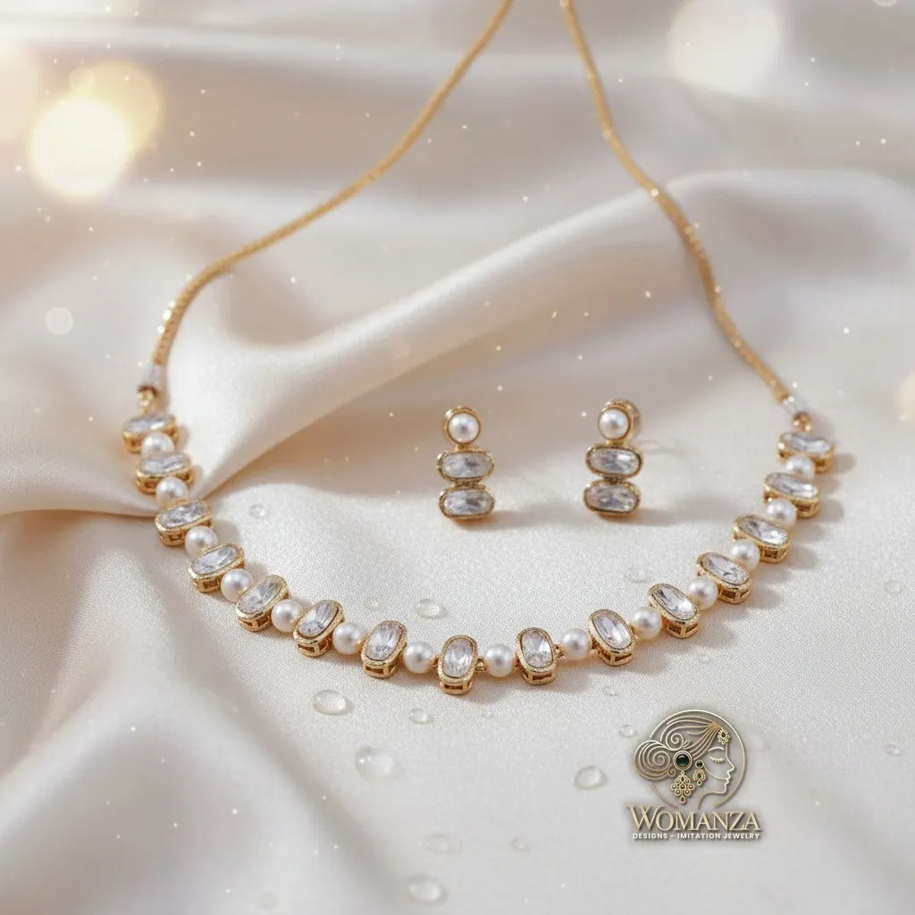 Luna Pearl Crystal Necklace Set with Drop Stud Earrings