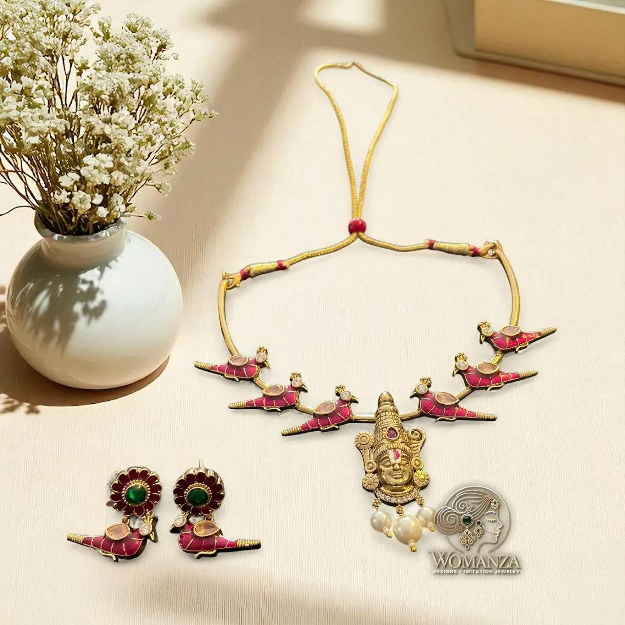 Temple Jewellery Necklace Set with Goddess Pendant & Bird Motif Earrings
