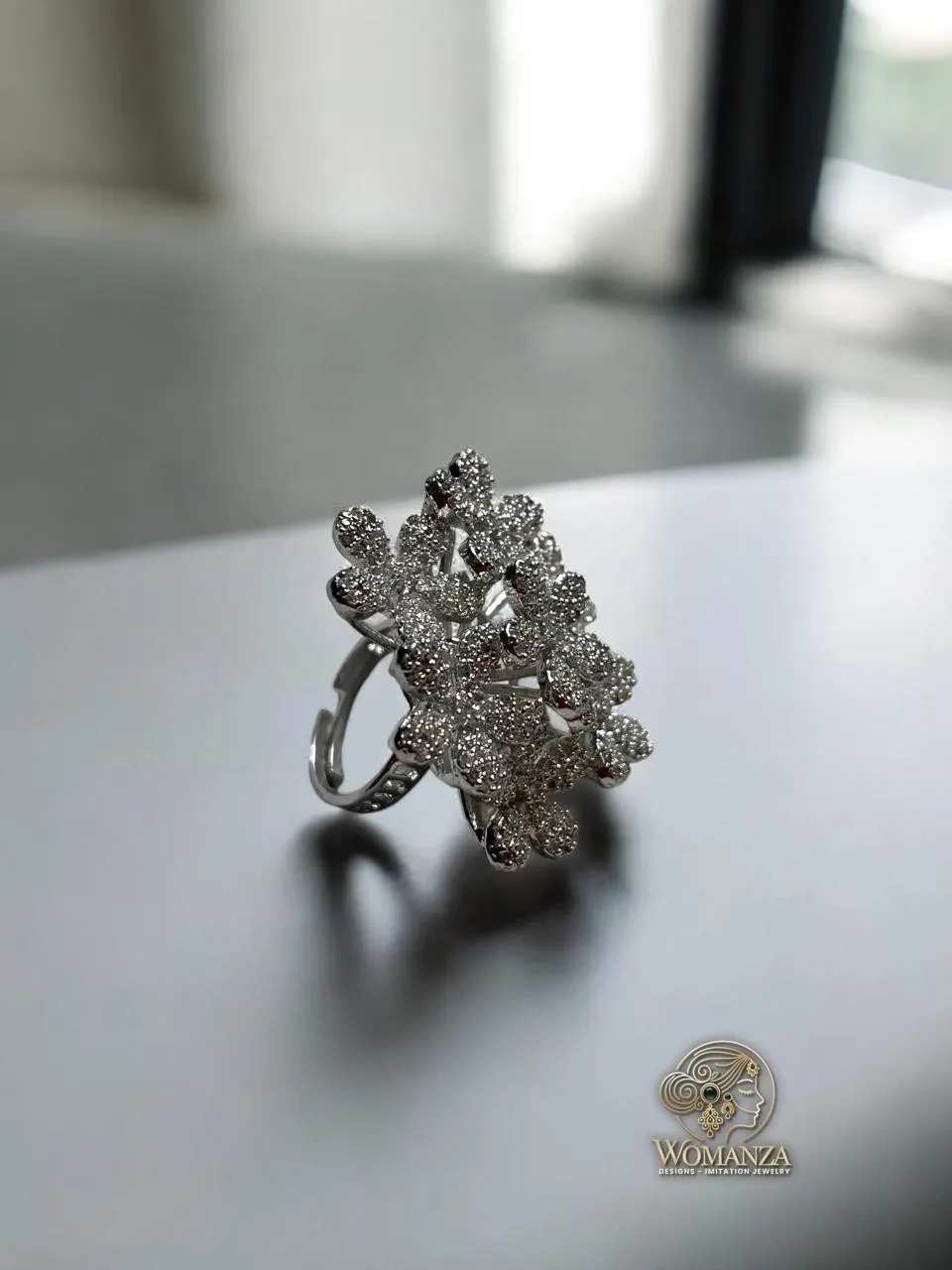 Silver-Tone Floral Cluster Ring with Layered CZ Petals