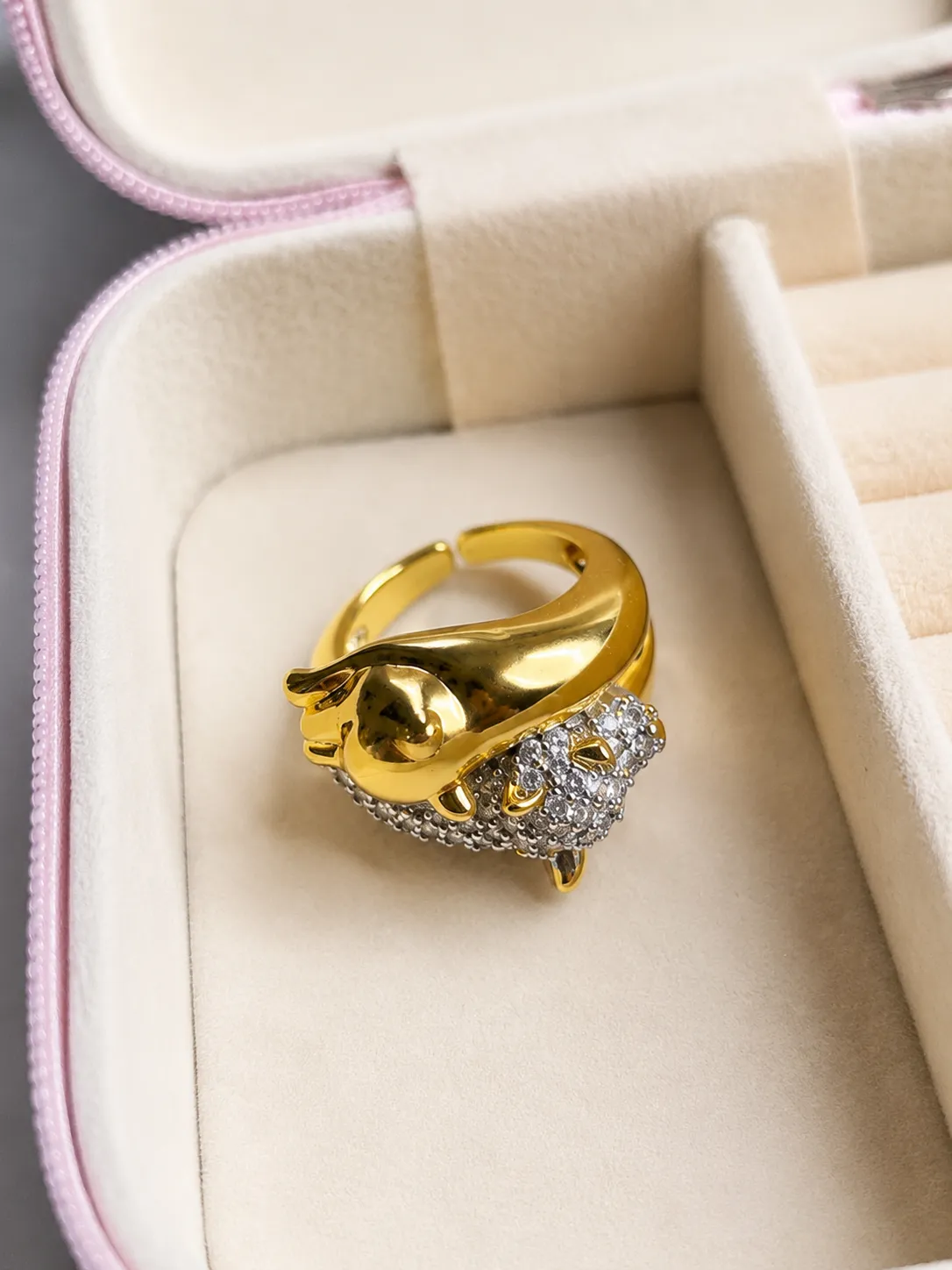 Gold-Tone Panther Wrap Ring with Pavé Crystal Detailing