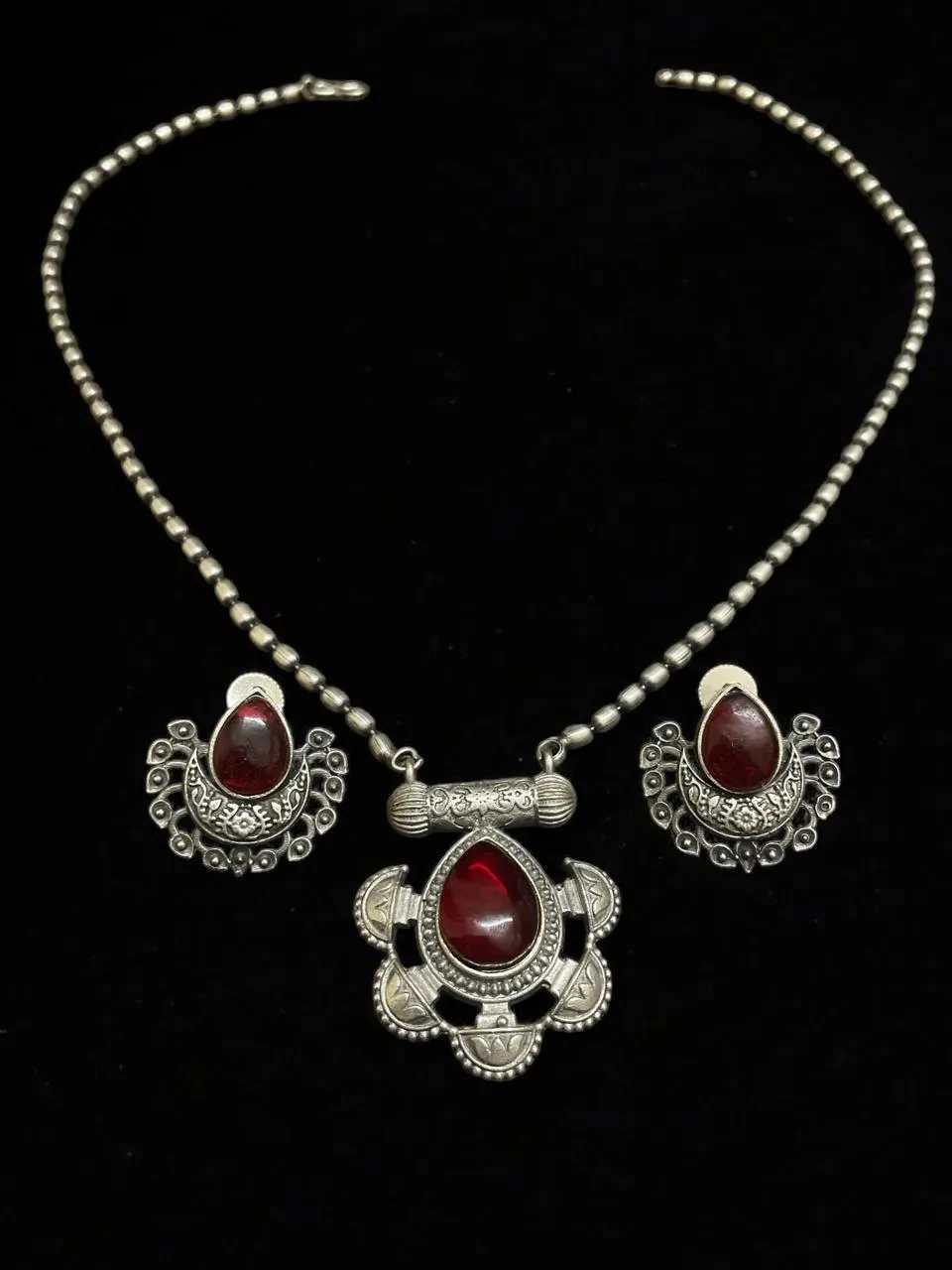 Vintage Red Stone Oxidised Silver Necklace Set with Matching Earrings