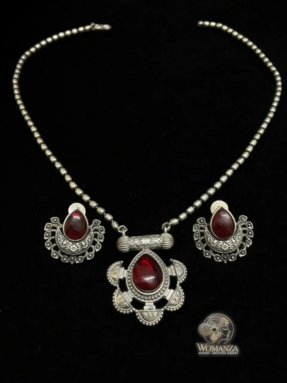 Vintage Red Stone Oxidised Silver Necklace Set with Matching Earrings