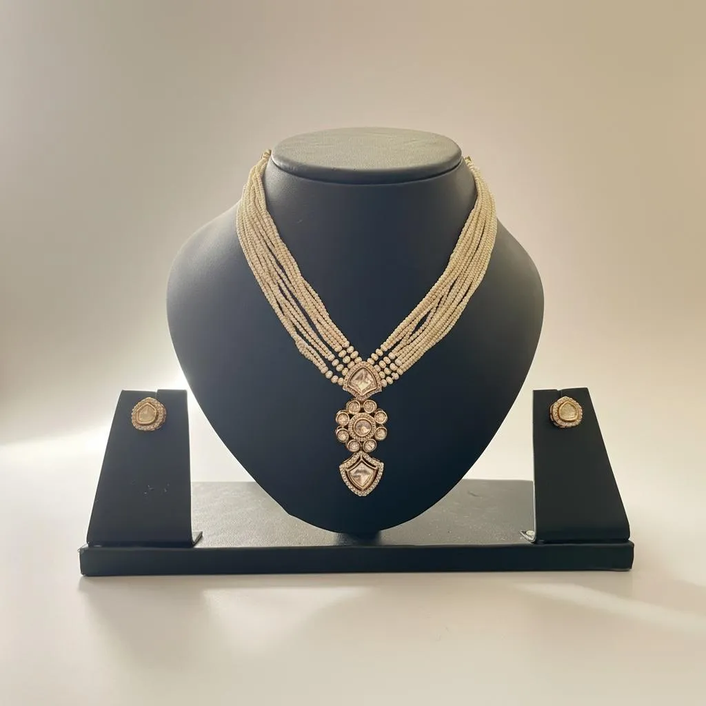 Elegant Multi-Layer Pearl Kundan Necklace Set with Earrings