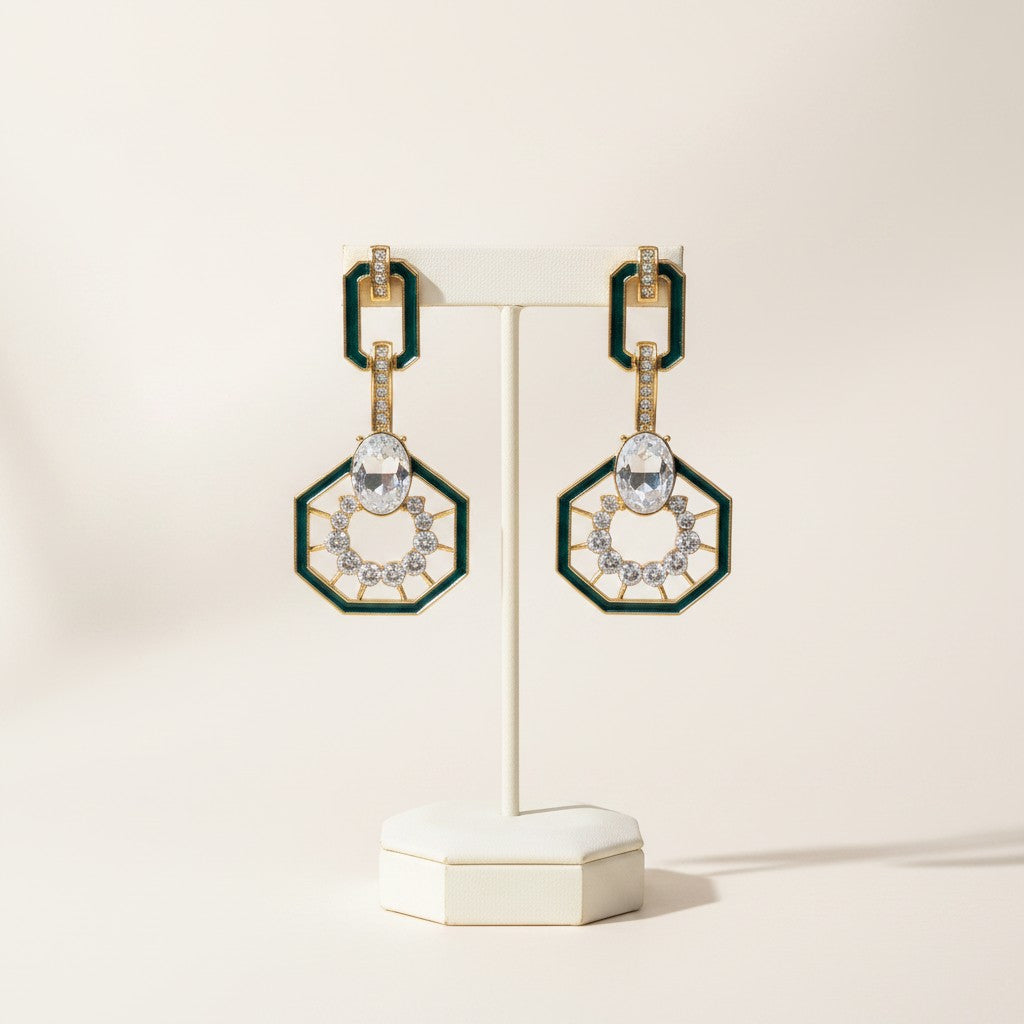 Emerald Glint Geometric Statement Drop Earrings