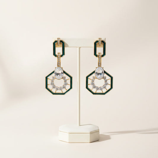 Emerald Glint Geometric Statement Drop Earrings