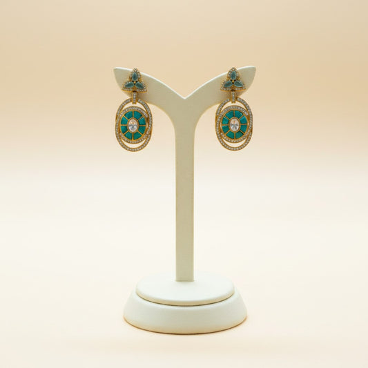 Teal Regal Moissanite-Look Dangler Earrings with Enamel Spokes