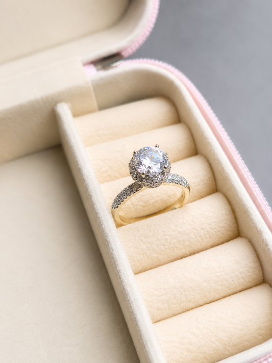 Gold-Tone Solitaire Ring with Brilliant-Cut CZ & Crystal Halo
