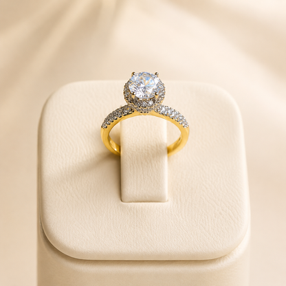 Gold-Tone Solitaire Ring with Brilliant-Cut CZ & Crystal Halo