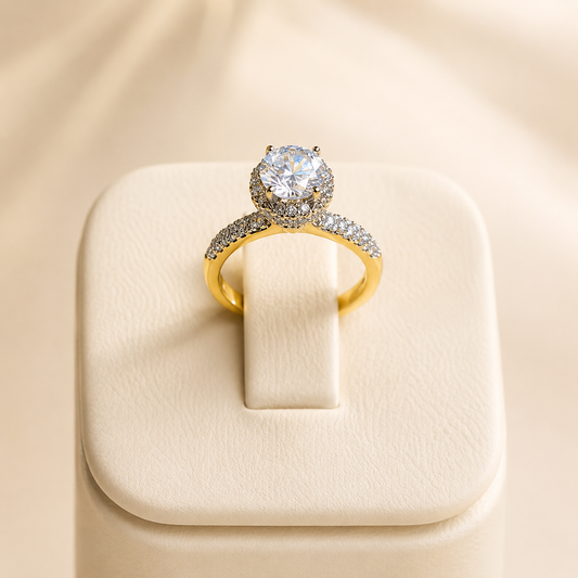 Gold-Tone Solitaire Ring with Brilliant-Cut CZ & Crystal Halo