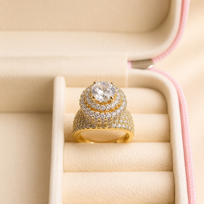 Gold-Tone Double-Halo Cocktail Ring with Pavé CZ Dome