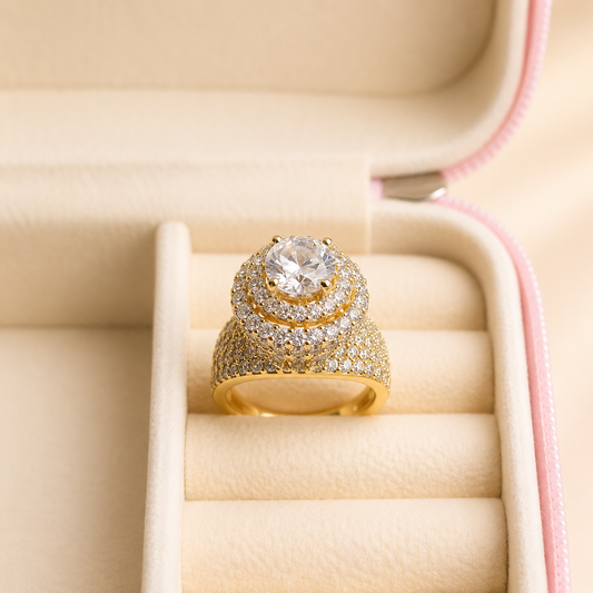 Gold-Tone Double-Halo Cocktail Ring with Pavé CZ Dome