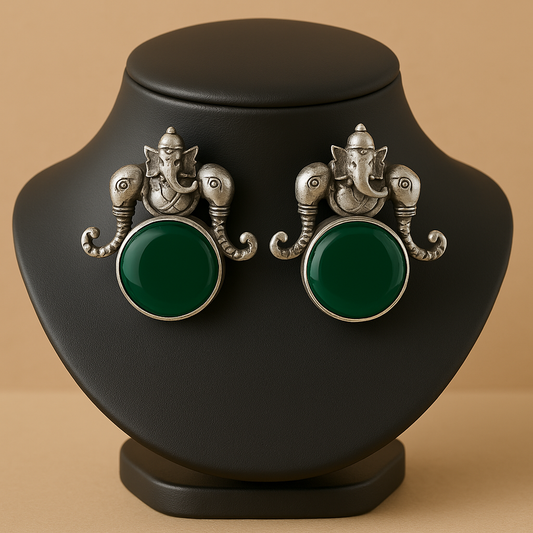 Vighnaharta Emerald Studs (Oxidised Silver Replica)
