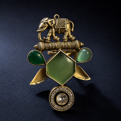 Elephant Motif Tribal Statement Ring with Green Stones
