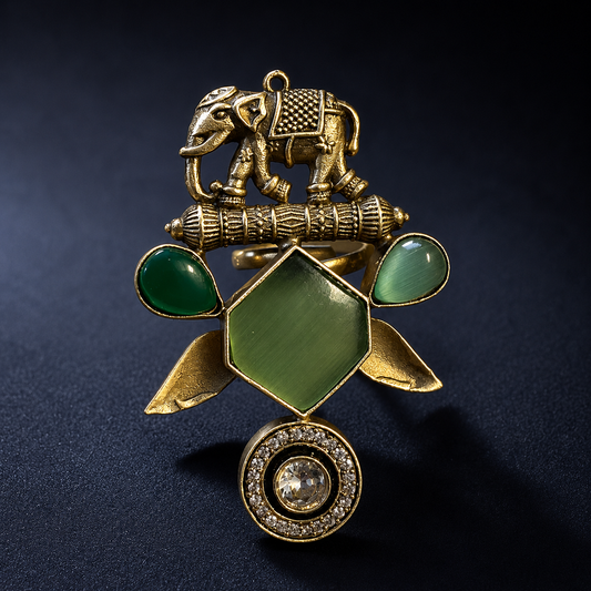 Elephant Motif Tribal Statement Ring with Green Stones