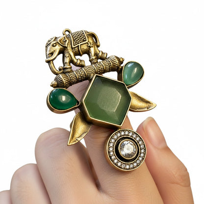 Elephant Motif Tribal Statement Ring with Green Stones