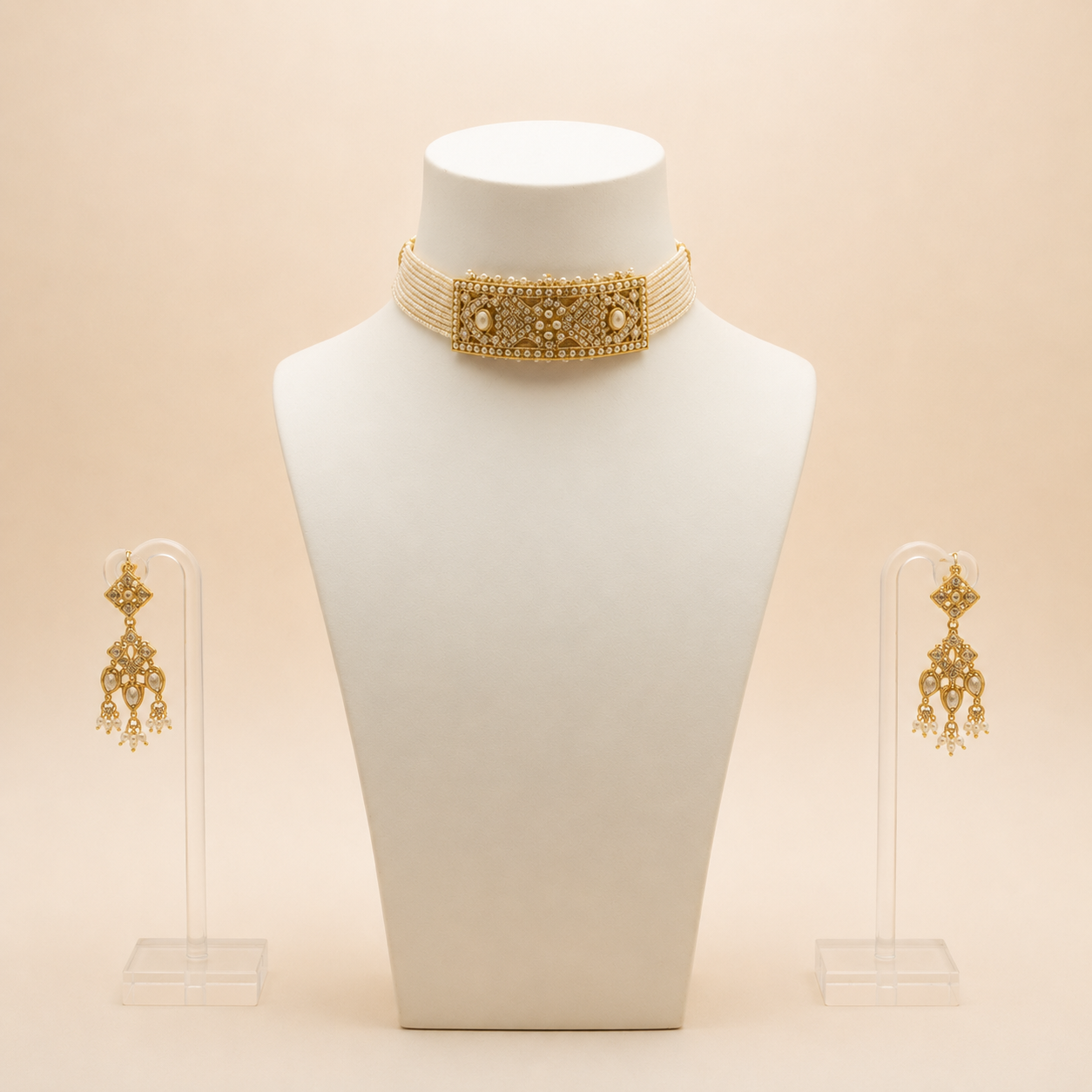 Royal Pearl & Kundan Choker Set with Chandelier-Style Earrings
