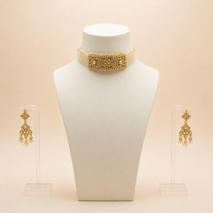 Royal Pearl & Kundan Choker Set with Chandelier-Style Earrings
