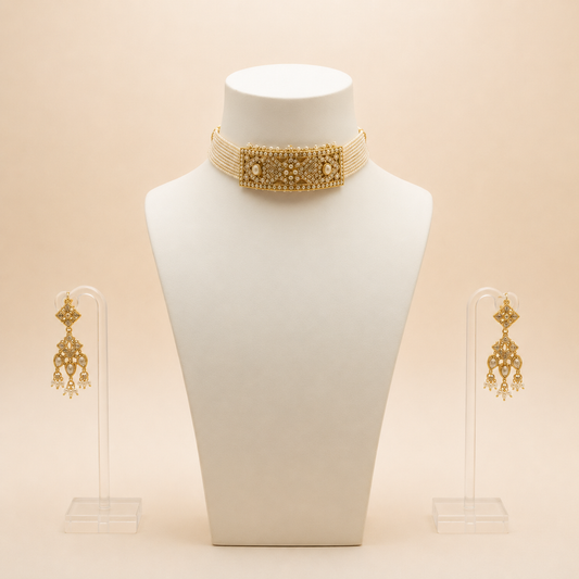 Royal Pearl & Kundan Choker Set with Chandelier-Style Earrings