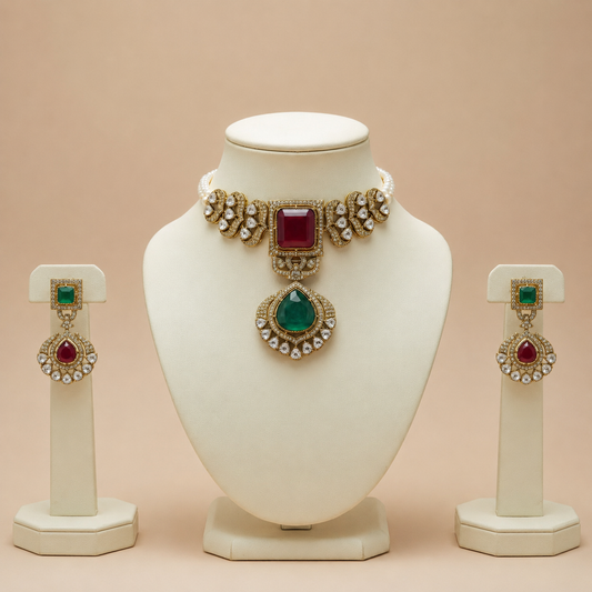 Regal Emerald & Ruby Choker Set with Drop Emerald Pendant