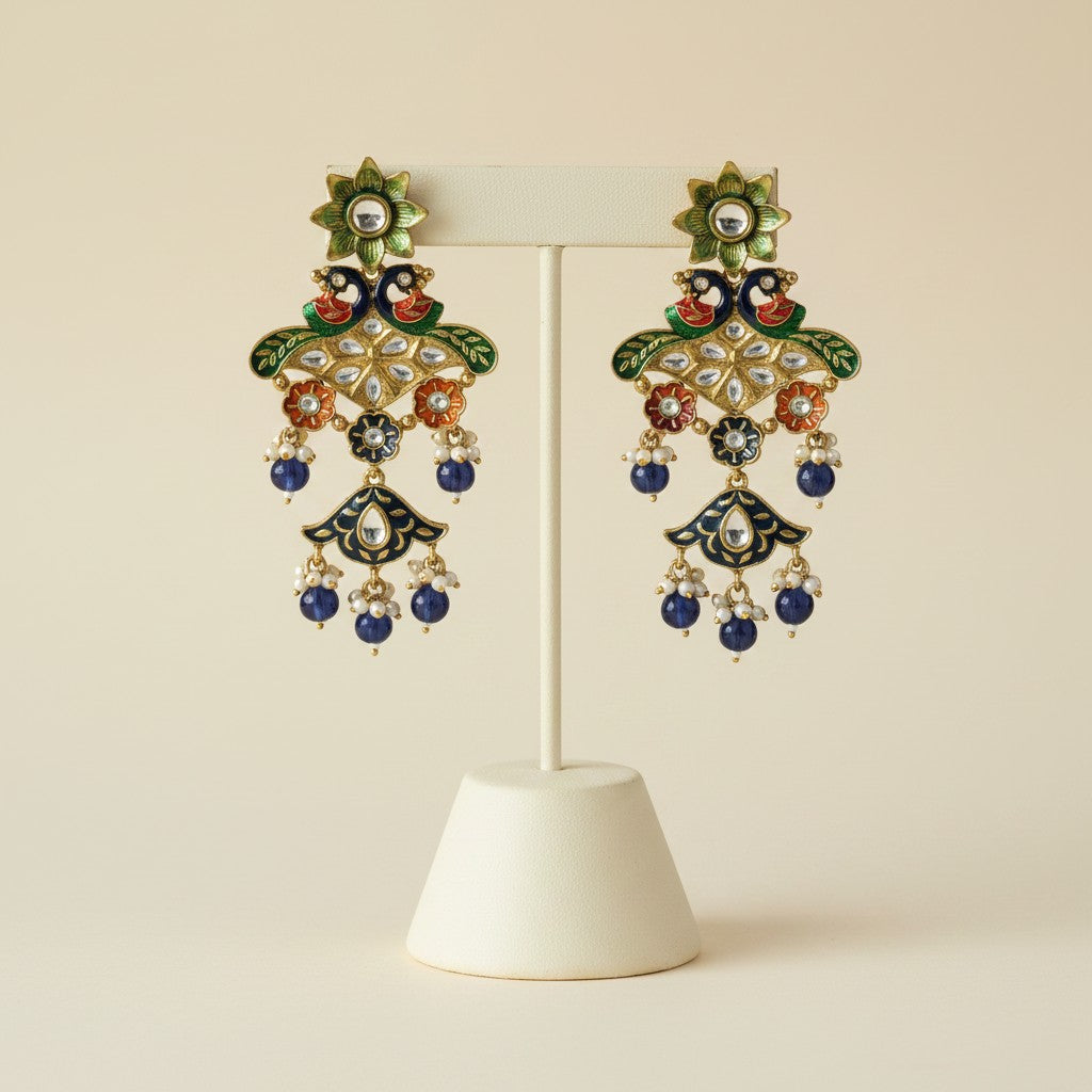 Peacock Motif Meenakari Chandbali Earrings with Pearl Clusters
