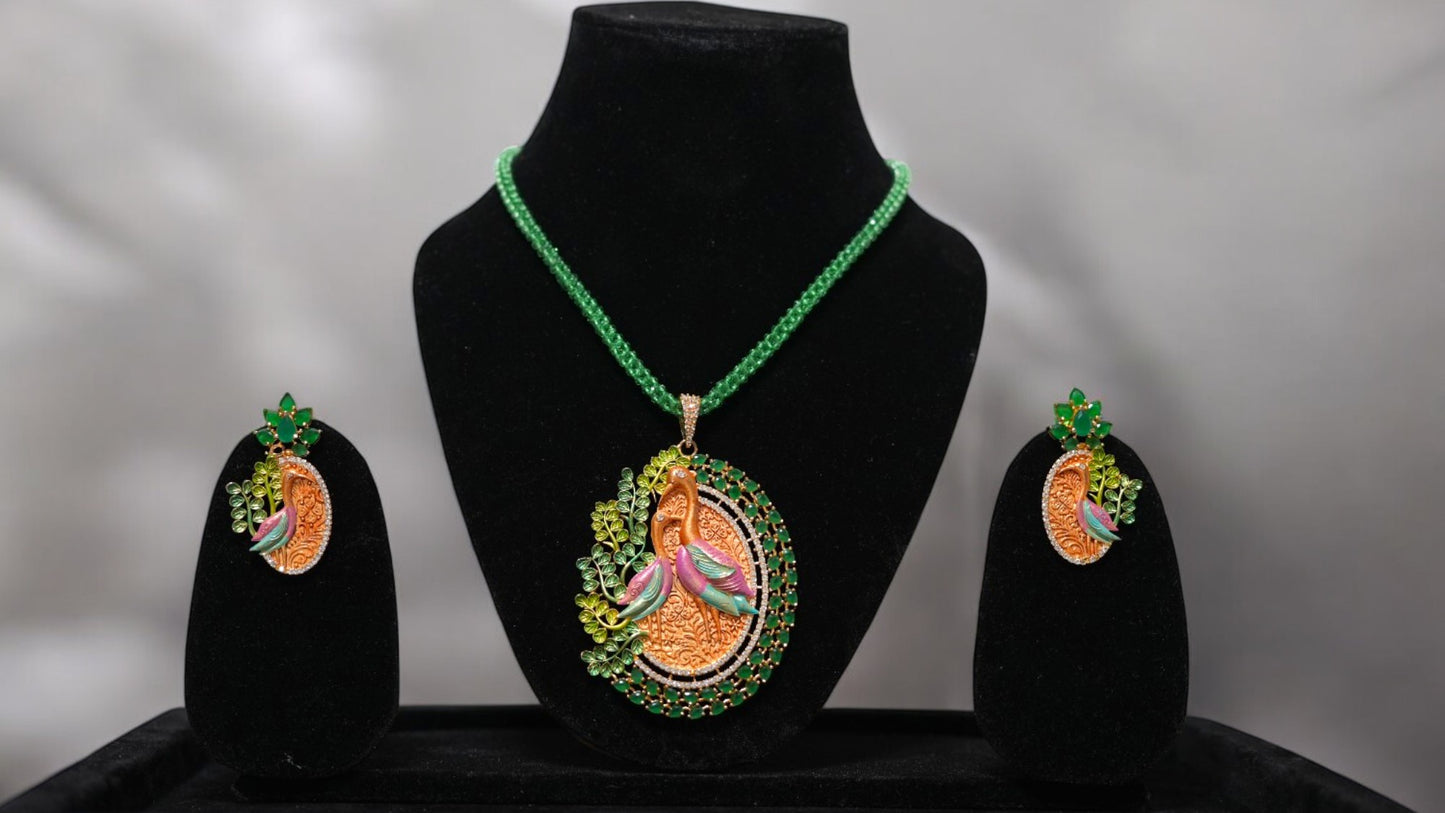 Royal Peacock Green Beaded Pendant Set