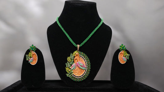 Royal Peacock Green Beaded Pendant Set