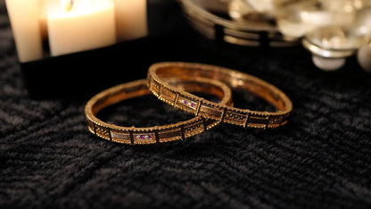 Antique Etched Bangles with Pink Stone Detail (Set of 2)