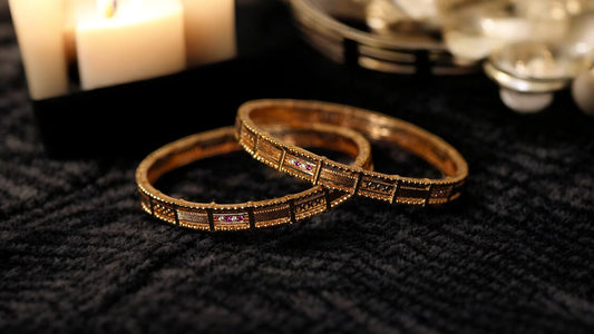 Antique Etched Bangles with Pink Stone Detail (Set of 2)