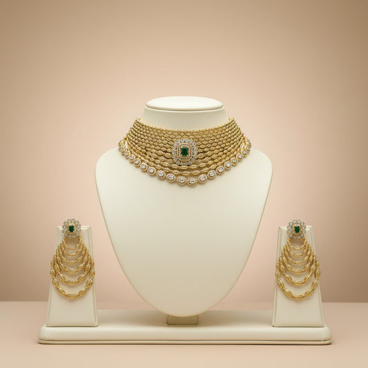 Zamindari Royal Emerald Layered Choker Set with Cascading Earrings