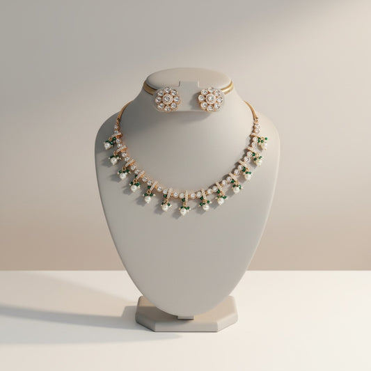 Green Stone & Pearl Kundan Necklace Set with Stud Earrings