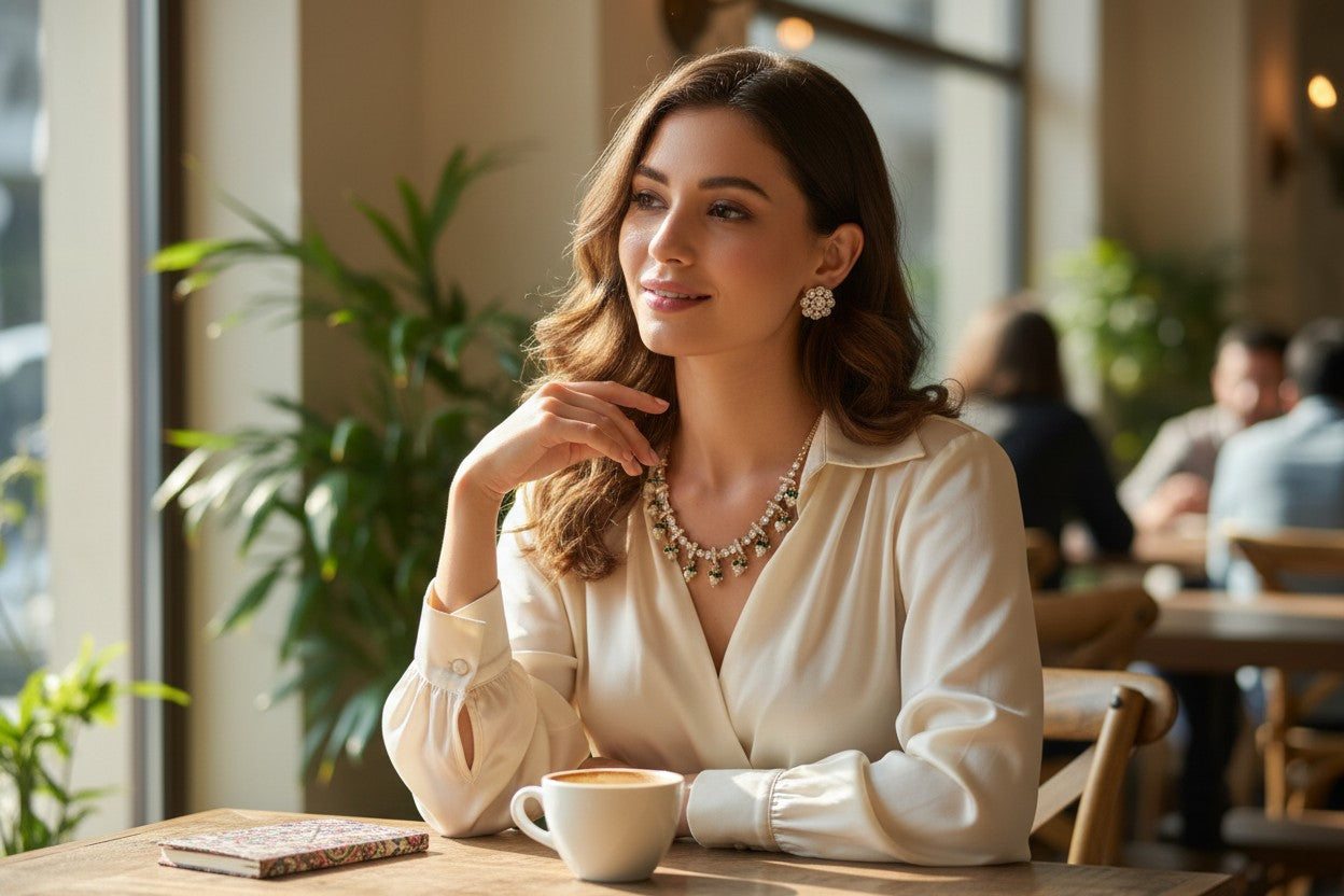 Green Stone & Pearl Kundan Necklace Set with Stud Earrings