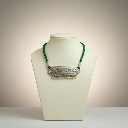 Oxidised Silver Filigree Pendant Necklace on Green Silk Dori