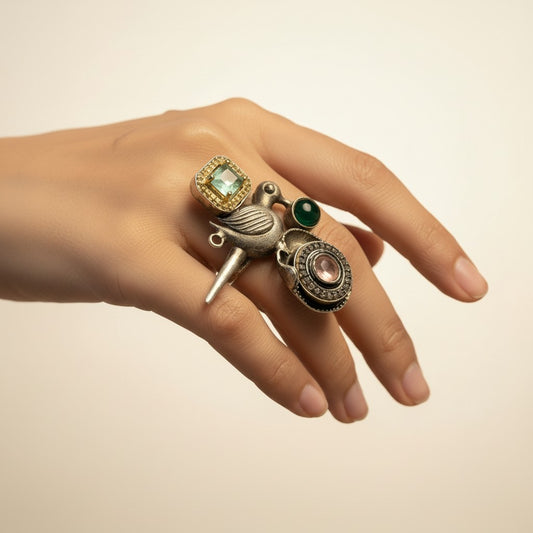 Bird Motif Oxidised Statement Ring with Multicolour Stones