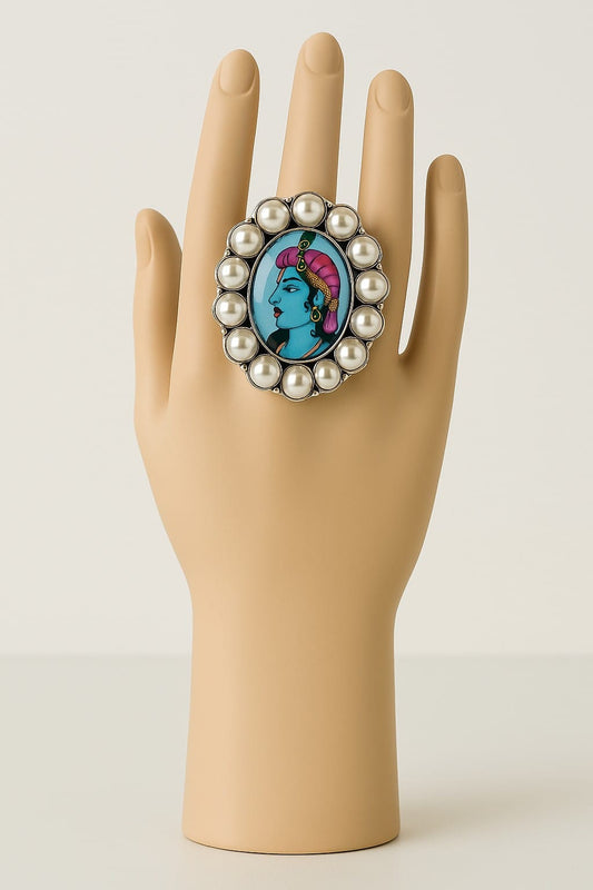 Maharani Portrait Ring (Oxidised Tanjoor Print)