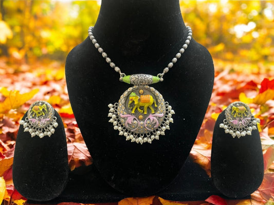 Regal Elephant Oxidised Necklace Set