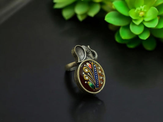 Elephant Enamel Oxidised Adjustable Ring