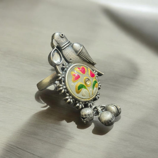 Parrot Charm Oxidised Adjustable Ring
