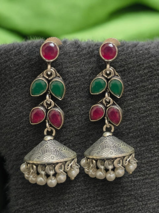 Festive Drop Jhumka Earrings – Red & Green Charm