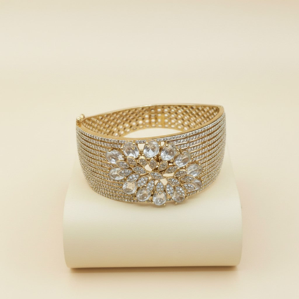 Crystal Bloom Mesh Statement Bridal Kada with Floral Burst