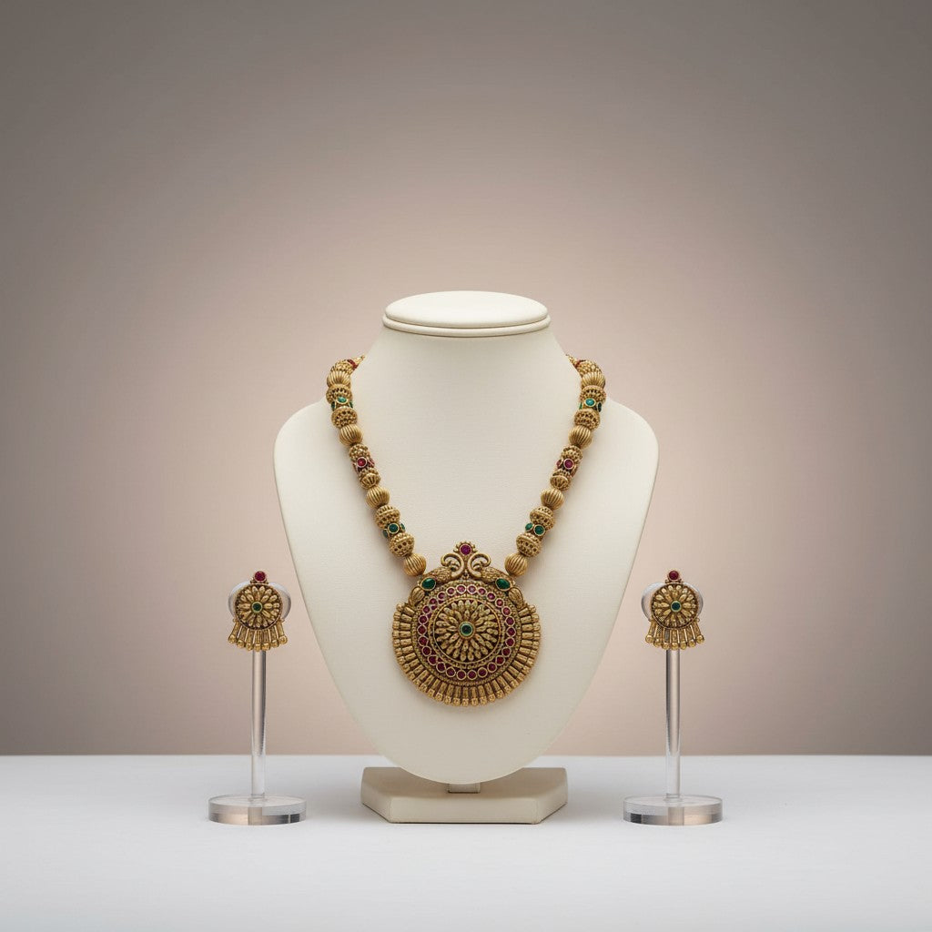 Antique Temple Medallion Necklace Set with Multi-Stone Jhumkas