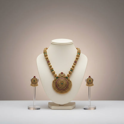 Antique Temple Medallion Necklace Set with Multi-Stone Jhumkas